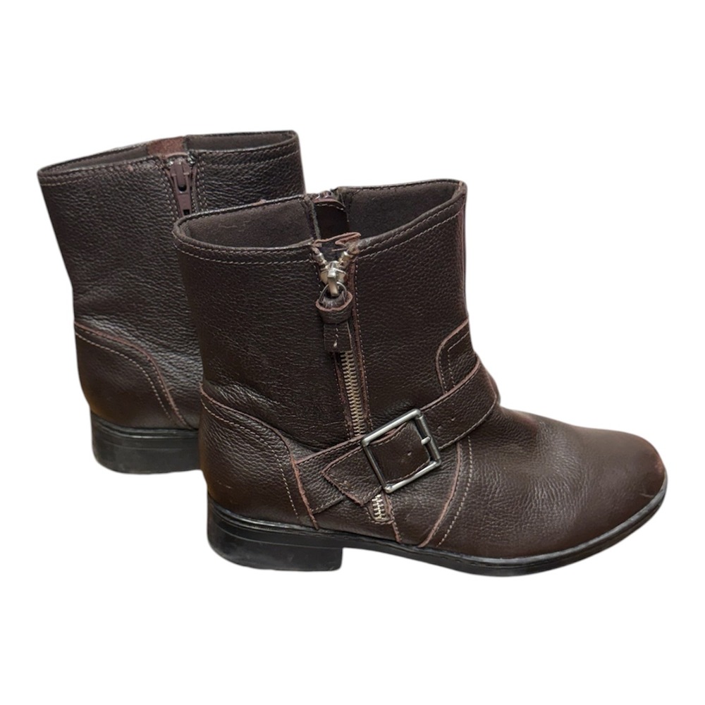 Clarks Women Dark Brown‎ Leather Moto Ankle Boots Buckle Zip 26111367 Size 7.5 M